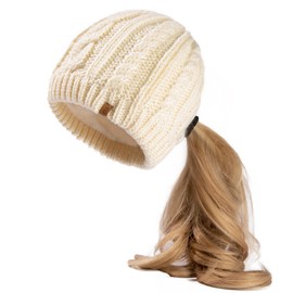 TOP-EX Merino Wool Blend Messy Bun High Ponytail Hole Fleece Lined Beanie Winter Hat for Women with Large Head, Beige (pony)
