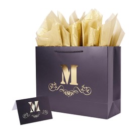 ysmile Letter Gift Bag with Wrapping Tissue for Men Women Boy Girl, 12" Large Black Paper Bag for Birthday Anniversary Baby Shower Wedding Party - Single M