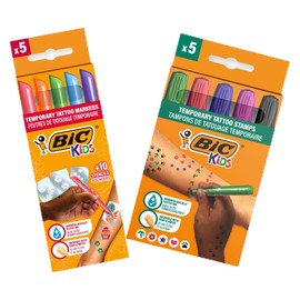 BIC Kids Temporary Tattoo Set - Pens, Stencils and Stamps with Dermatologically Tested and Fragrance-Free Ink - Pack of 5 Pens + 10 Stencils + 5 Stamps