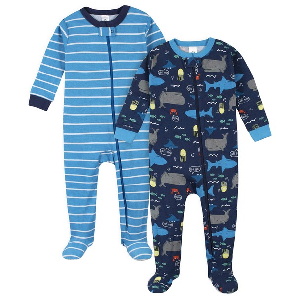 Gerber Paquete de 2 Pijamas con pies para bebé, Azul mar, 0-3 Meses