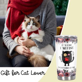 Cosictic Cat Lover Gifts Tumbler, It's Fine I'm Fine Everyhing Is Fine - Vaso de café divertido para gatos negros de 20 onzas, regalos para gatos y gatos