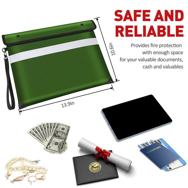 Fireproof Document Bag with Water Resistant Zipper（13.9"x10.6"）,6200°F Heat Insulated Fire