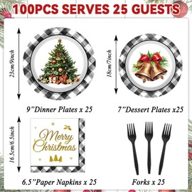 Lonfliness 100Pcs Christmas Paper Plates and Napkins Set Black Buffalo Plaid Plates Christmas Party Supplies Xmas Tree Disposable Dinnerware Tableware Set for Holiday Winter Party Decoration Serve 25