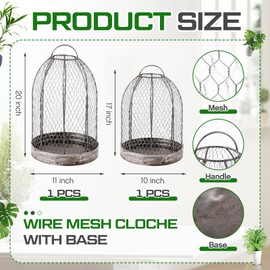 Briwooody 2 Pack Rustic French Wire Mesh Cloche with Base 17'' 20'' Garden Cloches for Plants Large Plant Protection Guards Cover Keep Small Animals Out