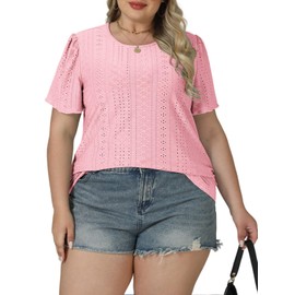 4X Womens Tops Plus Size Fashion Hollow Out Shirts Cute Short Sleeve Tunics Loose Fit Lightweight Crewneck Tees Pink