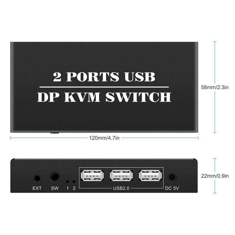 DisplayPort KVM Switch 2 Ports 4K 60Hz Dual Mode Aluminum