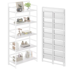 THKKY No Assembly Folding Bookshelf, 5 Tiers Collapsible Book Shelf for Home Office, Vintage Wood Foldable Bookcase Storage Organizer for Living Room Bedroom (White)