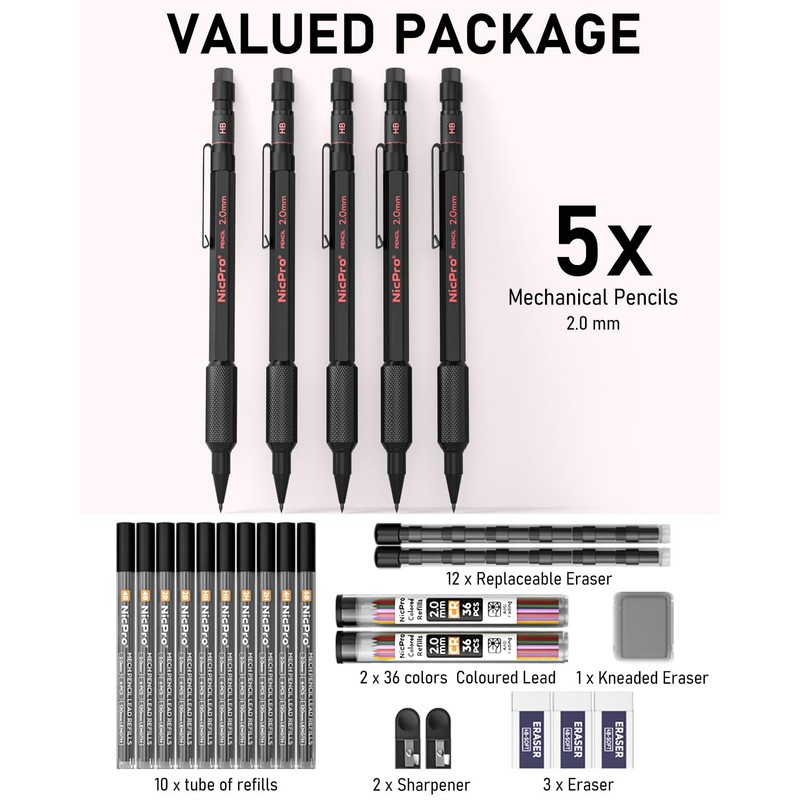 Nicpro 5 Pack 2mm Mechanical Pencils Set with Case, 65