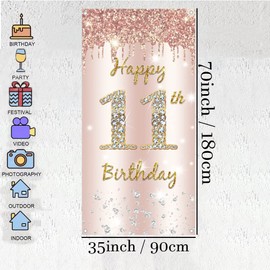 Happy 11th Birthday Door Banner Backdrop Decorations for Girls, Pink Rose Gold 11th Birthday Party Door Cover Sign Supplies, Eleven Year Old Birthday Poster Background Photo Booth Props Décor