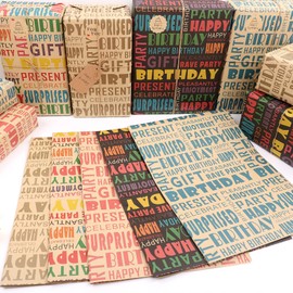 MAMUNU Birthday Wrapping Paper 10 Sheets, Colourful Happy Birthday on Vintage Wrapping Paper Children Adults with Paper String, Stickers and Tags, Paper for Party, DIY, Craft Deco (70 x 50 cm)