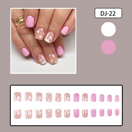 Pink Press on Nails Easter Short Square Fake Nails Cute Bunny Glue on Nails Spring Acrylic Nails Flower Rabbit Design Easter Day Stick on Nails Spring False Nails for Women Manicure Decorations