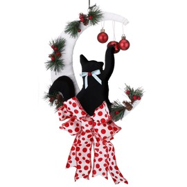 Black Cat Christmas Moon Wreath Decorations 12 Inch Crescent Moon Christmas Wreaths for Front Door with Polka Dot Bow Mini Xmas Balls Artificial Pine Cones and Branches for Indoor Outdoor Wall Decor