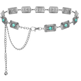 Putcuku Women Western Chain Belt Adjustable Turquoise Metal Waist Chain Boho Chain Link Belt for Jeans or Dresses (Turquoise Square Silver-S)