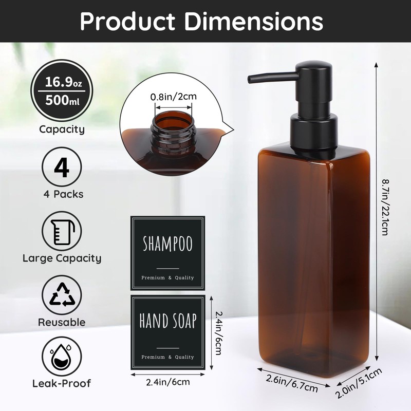 Segbeauty Bathroom & Kitchen Soap Dispenser, 4 Pack Reusable 16.9oz