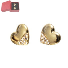 Aretes chapa de oro mujer corazon 18k con cristales brillantes, Seguro tipo poste, Medida 1Cm.