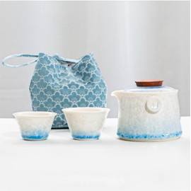 Hermit Life Chinese Travel Tea Set, Portable Ceramic Teapot for One to Two, Gongfu Tea Set with Crystal Glaze (Icy Blue), 1 Pot 2 Cups, Gift for Tea Lovers