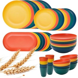 48-Pcs Kitchen Wheat Straw Dinnerware Set, Service for 8, Plastic Reuasble Dinner Dishes Serving Plate Set for Kitchen, Including Dinner Plate, Dessert Plates, Bowl, Cup(Black) - Color: Multicolor, Size: 48-Pcs