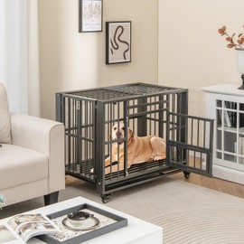 Tangkula Foldable Dog Crate, 3-Door Heavy Duty Dog Kennel with Removable Crate Tray, 4 Smooth Wheels, Indestructible Dog Crate for Indoor and Outdoor, Kennel Cage for Medium and Large Dogs