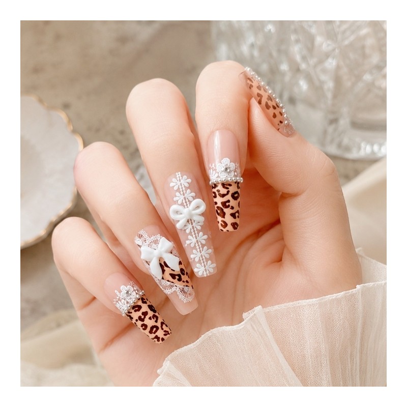 Hime Gyaru Leopard Handmade Nail Tips - Coffin Egg /