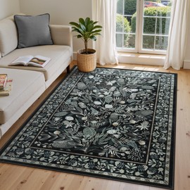 Anidaroel Washable Rugs for Living Room 5x7, Black Botanical Print Large Area Rug, Modern Soft Rugs for Bedroom Aesthetic, Non Slip Stain Resistant Dining Room Mat Indoor Carpet for Nursery Dorm