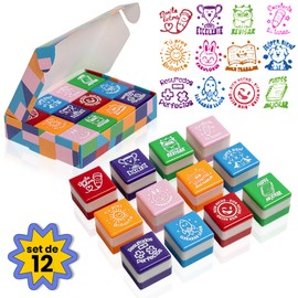 Set of 6 Motivational Square Stamps for Teachers and Children, Children, Assorted Colours, Safe and Durable, 25 mm x 15 mm, for Stimulation and Fun in Learning (12, Spanish)