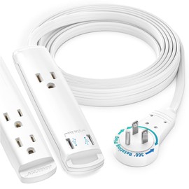 Maximm Extension Cord with USB Ports 12FT, 360° Rotating Flat Plug Extension Cord, 3-Outlet with USB Ports (2 Ports), 3 Prong Extension Cord, Grounded Extension Cord (White) UL Certified