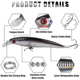 Saltwater Fishing Lures Assortment，6Pcs Trout Fishing Baits Bass Fishing Lure Topwater Lure Set Minnow Plugs Popper Jerkbait Treble Hooks Surf Fishing Casting Plug