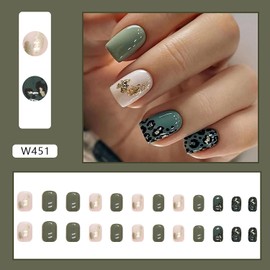 Vezocim Press on Nails Coffin Short Length, 24Pcs Full Cover Reusable Glossy Fake Nails with Glue, Artificial Fingernails Square False Nails with Designs, Glue Stick on Nails with Charm(Leopard)
