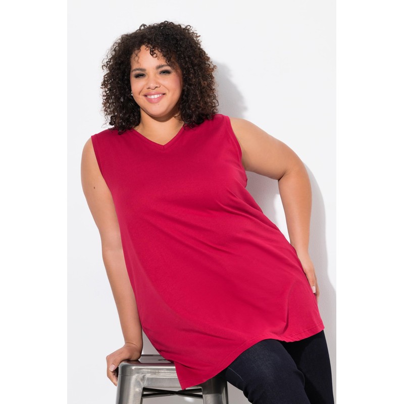 Ulla Popken Women's V-Neck Relaxed Sleeveless Cotton T-Shirt, poppy