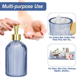 Jenseits Blue Bathroom Accessories, 4 Pcs Glass Bathroom Set Complete includes Soap Dispenser, Toothbrush Holder, Apothecary Jar, Vanity Tray, Decorative Bathroom Organizers Decor, Housewarming Gift