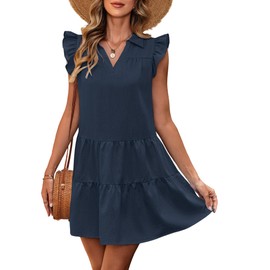 MSBASIC Womens Sundresses Babydoll Ruffle Church Tiered Wedding Guest T Shirt Dress(Navy Blue,Medium)