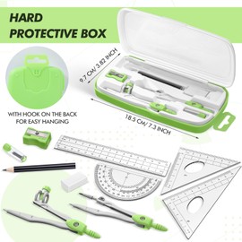 Zonon Math Geometry Set 10 Pcs Student Supplies with Shatterproof Storage Box, Includes Rulers Protractor Compass Pencil Sharpener Lead Refills Eraser Pencil for Drafting and Drawings(Green)