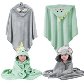 2pzs Toalla para Niños con Capucha, Microfibra Absorbente Bata, Cómodo Suave y Ligero, Regalos Toallas de Baño para Niñas y Niños (Gris y Verde)
