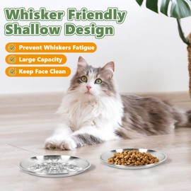 Petdream 6-Pack Stainless Steel Cat Food Bowls, Shallow Whisker-Friendly Non-Slip Silicone Base Metal Dishes, Easy to Clean Indoor Feeding Flat Plates for Cat, Kitten, Small Dog (6.7")
