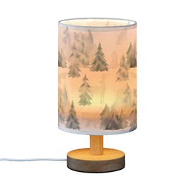 YYZZH Table Lamp Watercolor Winter Forest Tree Animal Mountain Bear Deer Owl Nightstand Lamp with Wood Base Fabric Lamp Shade Bedside Desk Lamp for Living Room Bedroom Kids Room Office