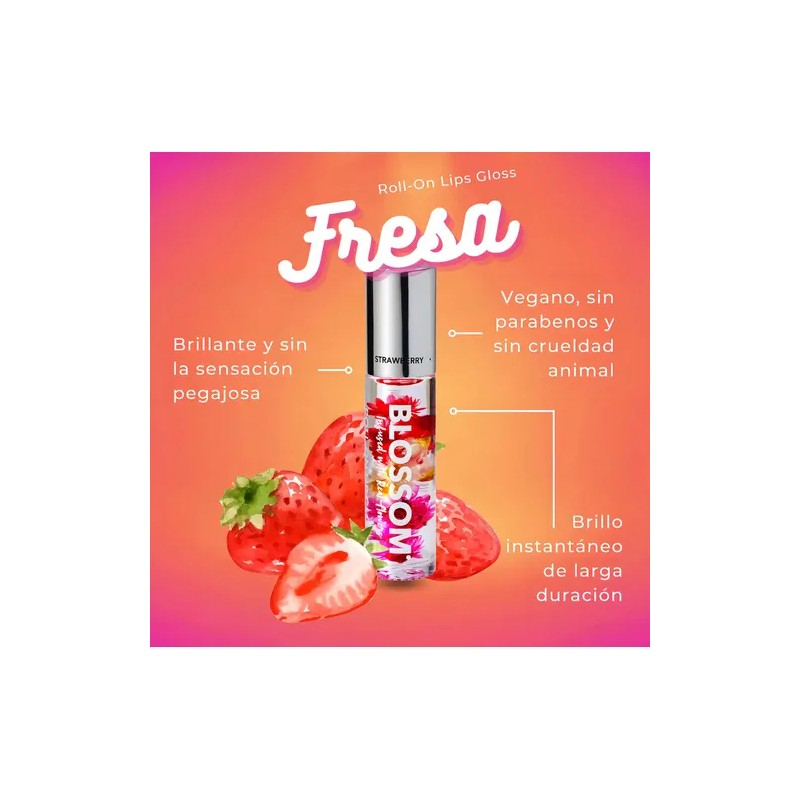Brillo Labial Blossom Fresa Roll-on Lip Gloss No Pegajoso Vegano