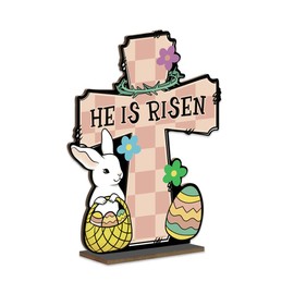 Hinnovy Easter Cross Décor – “He Is Risen” Wooden Tabletop Sign, 9.6x7.4 Inch Religious Bunny Decoration, Easy Assembly for Spring Christian Home