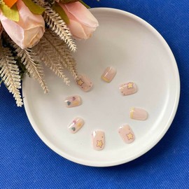 Resweky Short French Square Fake Nail Star Love Heart Pink Nude Glitter False Nails Shiny Print on Nails for Women and Girls