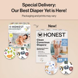 The Honest Company Clean Conscious Diapers for Sensitive Skin, Up to 100% Leakproof Hypoallergenic Fragrance-Free Baby Diapers, Gender Neutral Prints, Super Club Box, Size 5 (27+ lbs), 84 Count