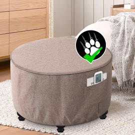 H.VERSAILTEX Ottoman Cover Round Thick Linen Look Ottoman Slipcover Round Ottoman Storage Cover Folding Stool Covers Furniture Protector Cover for Footrest Ottoman Fit Dia 36" - 38", Heather Taupe