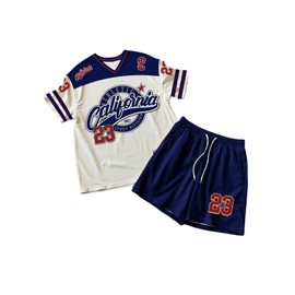 GORGLITTER Men's 2 Piece Short Set V Neck Jersey Top Casual Summer Outfits Oversized Graphic T Shirt and Shorts Tracksuit Set White and Blue X-Large