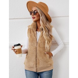 LOMON Womens Fuzzy Fleece Vest, Casual Warm Sleeveless Zip Up Sherpa Vest Jacket with Pockets for Fall/Winter Tan Camel S