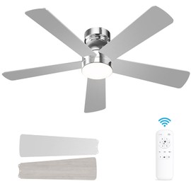 AKOFUN Ceiling Fans with Lights, 48 Inch Low Profile Ceiling Fan with Light and Remote Control, Flush Mount, Reversible, 3CCT, Dimmable, Noiseless, Ceiling Fan for Bedroom Indoor/Outdoor Use (Nickel)