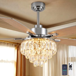 LUDOMIDE Chandelier Ceiling Fan, 52 Inch Crystal Ceiling Fan with Light, 3CCT, 6-Speed, 5-Blade Noiseless Reversible DC Motor, Remote Control, Modern Indoor Fandelier for Living Room