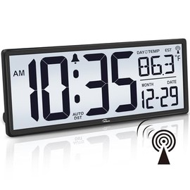 WallarGe - Reloj atómico de 14.5 pulgadas con luz de fondo, reloj de pared digital grande que funciona con pilas, pantalla grande con tem...