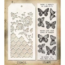 Tim Holtz Flutter Butterfly Clear Stamp Floral & Trellis Stencil Set Tim Holtz NEW