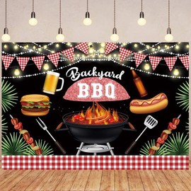 DORCEV 8x6ft Backyard BBQ Backdrop Picnic Barbecue Beer Burgers Hot Dogs Photography Background Summer Green Leaves Glitter Backdrop for Family Dinner Birthday Party Outdoor Camping Party Decor