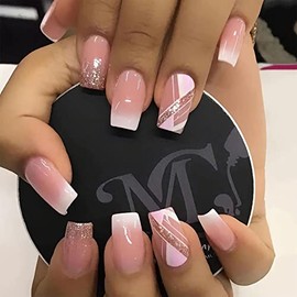 PUSCOBSY Press on Nails Medium Square Fake Nails Gradient Glossy False Nails French Acrylic Nails Full Cover Artificial Stick on Nails for Women and Girls 24PCS