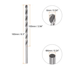 HARFINGTON 6542 High-speed Steel Twist Drill Bit, 6mm Drill Bit 160mm Length Extended Straight Shank Black Oxide Ground Drill Bit for Steel Aluminum Alloy