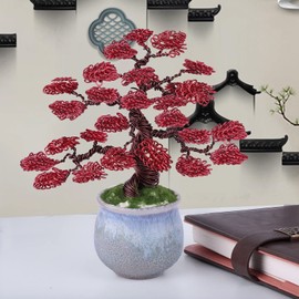 rockcloud Aluminum Wire Money Tree Sculpture with Ceramic Base Feng Shui Bonsai Home Office Decoration for Luck and Wealth, Red & Brown